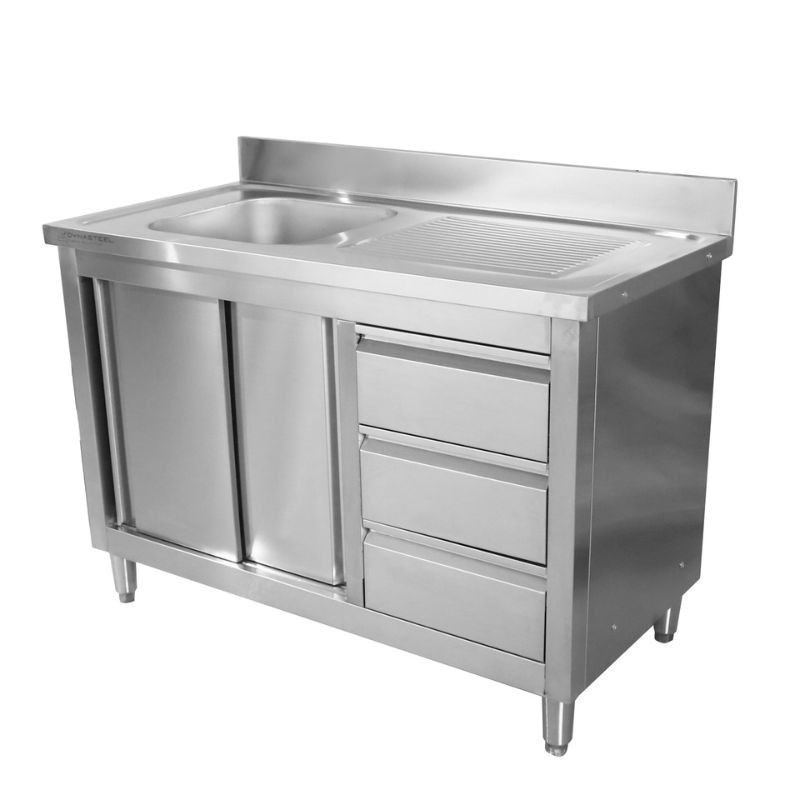 Meuble Plonge 1 Bac avec Dosseret et 3 Tiroirs - 1200 x 600 mm - Bac à Gauche — vue 4