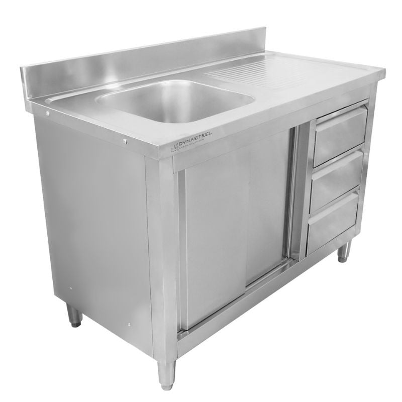 Meuble Plonge 1 Bac avec Dosseret et 3 Tiroirs - 1200 x 600 mm - Bac à Gauche — vue 3