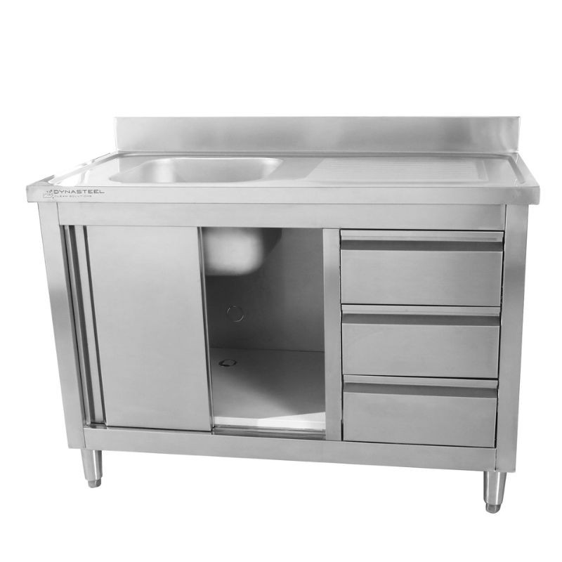 Meuble Plonge 1 Bac avec Dosseret et 3 Tiroirs - 1200 x 600 mm - Bac à Gauche — vue 2