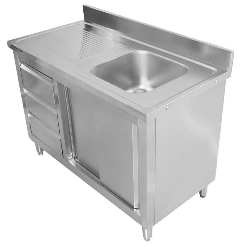 Meuble Plonge 1 Bac avec Dosseret et 3 Tiroirs - 1200 x 600 mm - Bac à Droite — vue 5