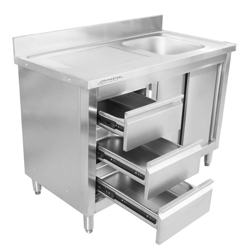 Meuble Plonge 1 Bac avec Dosseret et 3 Tiroirs - 1200 x 600 mm - Bac à Droite — vue 4