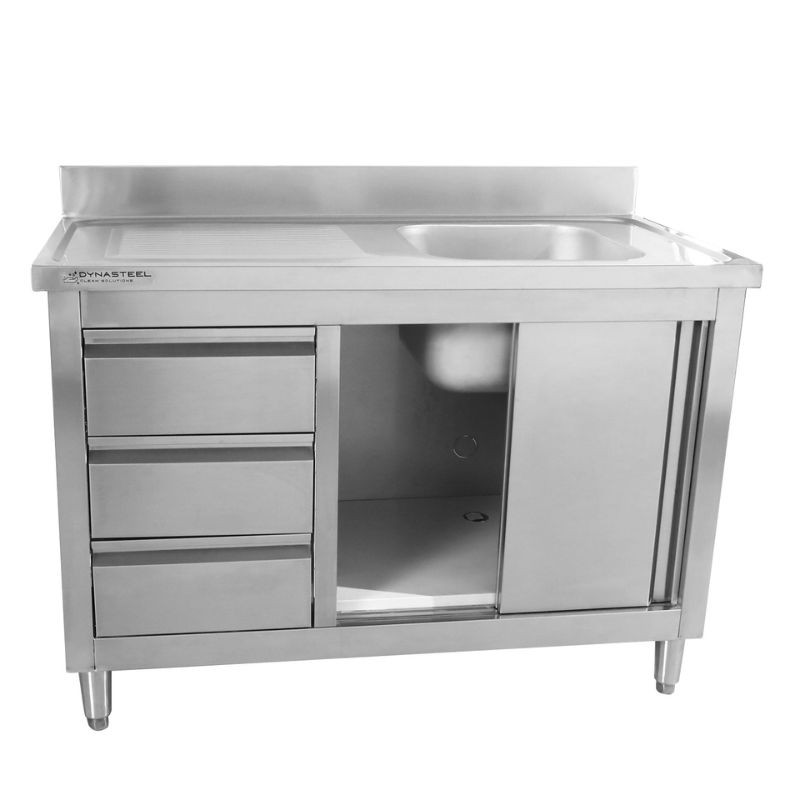 Meuble Plonge 1 Bac avec Dosseret et 3 Tiroirs - 1200 x 600 mm - Bac à Droite — vue 2