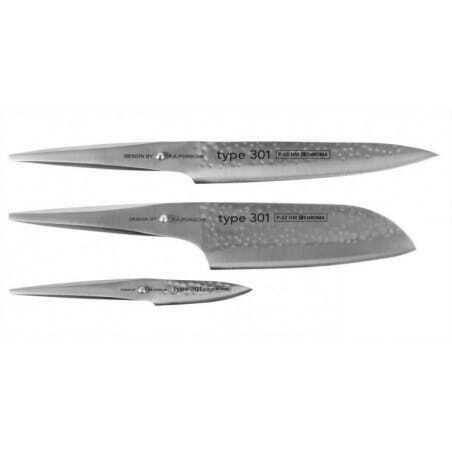 Coffret de 3 couteaux martelés Santoku - couteau à découper - couteau d'office Type 301 Design by F.A. Porsche Chroma - 1 Coffret de 3 couteaux martelés Santoku - couteau à découper - couteau d'office Type 301 Design by F.A. Porsche Chroma - 1