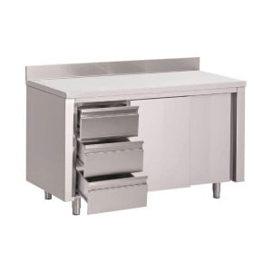 Table Armoire en Inox avec Dosseret 3 Tiroirs À Gauche et Portes Coulissantes-L 1200 x P 700mm