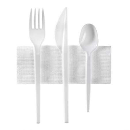 Couverts Jetables - Kit 4 Pièces : Couteau, Fourchette, Petite Cuillière et Serviette - Lot de 250 FourniResto - 1 Couverts Jetables - Kit 4 Pièces : Couteau, Fourchette, Petite Cuillière et Serviette - Lot de 250 FourniResto - 1