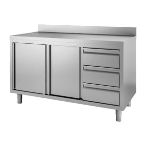 Table Armoire en Inox avec Dosseret 3 Tiroirs À Droite et Portes Coulissantes - L 1200 x P 700mm
