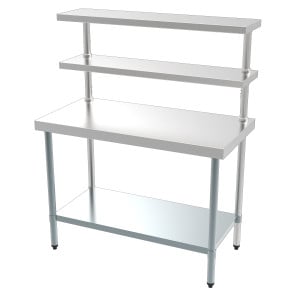 Table Inox avec Étagère Inférieure et 2 Étagères Supérieures – 1800 x 600 mm