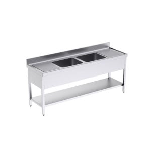 Plonge 2 Bacs avec Etagère et Egouttoirs à Droite et à Gauche - L 2200 x P 700 mm