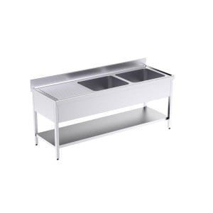Plonge 2 Bacs avec Etagère et Egouttoir à Gauche - L 2000 x P 700 mm