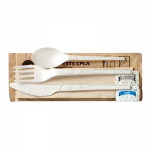Couverts en CPLA - Kit 6 Pièces : Couteau, Fourchette, Cuillère, Serviette, Sel et Poivre - Lot de 250 FourniResto - 1