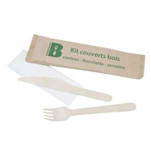 Couverts en Bouleau - Kit 3 Pièces : Couteau, Fourchette et Serviette - Lot de 250 FourniResto - 1