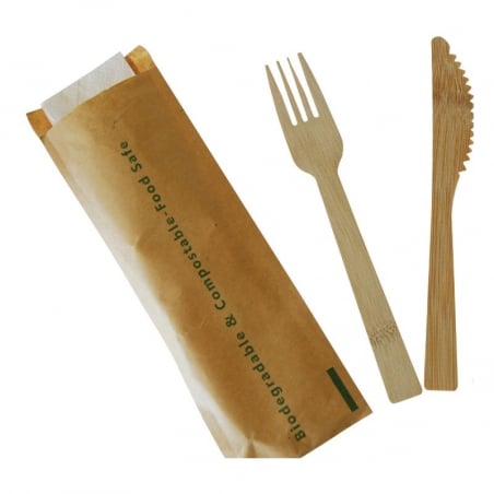 Couverts en Bambou - Kit 3 Pièces : Couteau, Fourchette et Serviette - Lot de 200 FourniResto - 1 Couverts en Bambou - Kit 3 Pièces : Couteau, Fourchette et Serviette - Lot de 200 FourniResto - 1