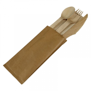 Couverts en Bois - Kit 4 Pièces : Couteau, Fourchette, Grande Cuillère, Serviette - Lot de 500 FourniResto - 1