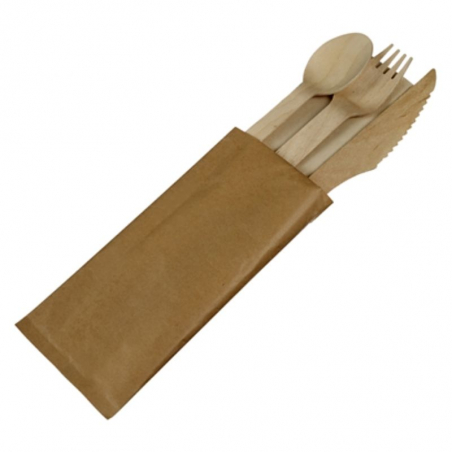 Couverts en Bois - Kit 4 Pièces : Couteau, Fourchette, Grande Cuillère, Serviette - Lot de 500 FourniResto - 1