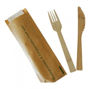 Couverts en Bambou - Kit 3 Pièces : Couteau, Fourchette et Serviette - Lot de 500 FourniResto - 1