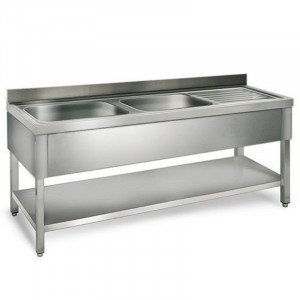 Plonge 2 Bacs et Egouttoir à Droite avec Etagère Basse - P 600 - L 1800 mm FourniResto - 1
