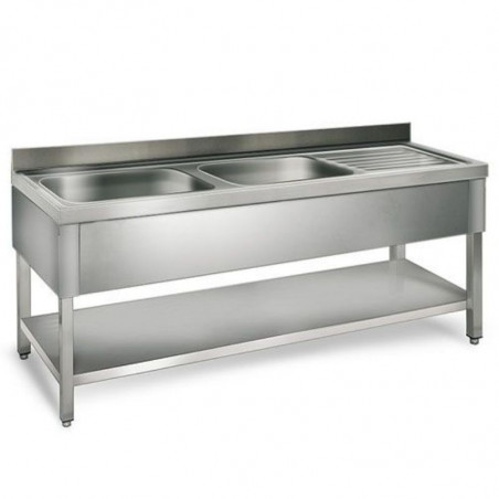 Plonge 2 Bacs et Egouttoir à Droite avec Etagère Basse - P 600 - L 1800 mm FourniResto - 1 Plonge 2 Bacs et Egouttoir à Droite avec Etagère Basse - P 600 - L 1800 mm FourniResto - 1