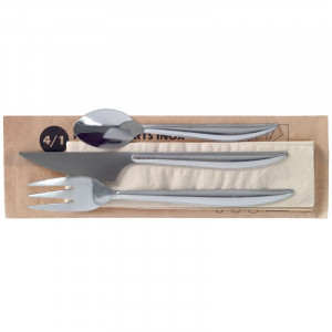 Couverts en Inox - Kit 4 Pièces : Couteau, Fourchette, Cuillère et Serviette - Lot de 25
