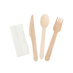 Kit de 4 Pièces - Couverts en Bois : Couteau, Fourchette, Grande Cuillère, Serviette - Lot de 500