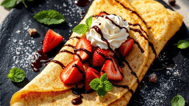 Crêpe avec garniture fraise chocolat et chantilly