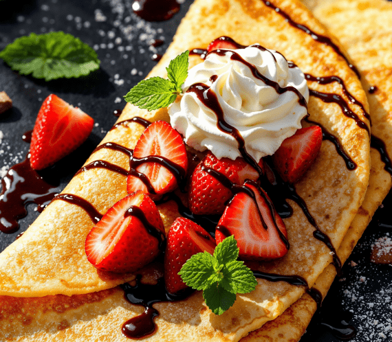 Crêpe avec garniture fraise chocolat et chantilly