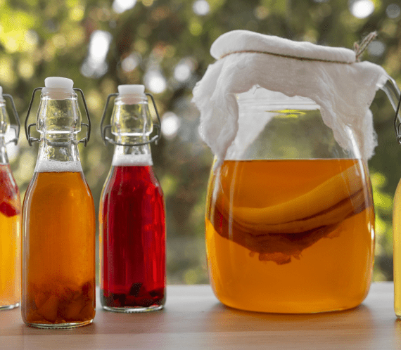 Plusieurs bouteilles de boisons à fermentation artisanale