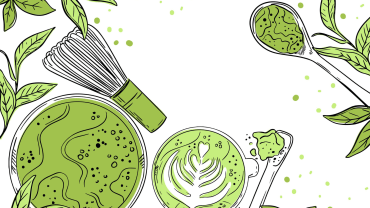 Illustration représentant un bol et une tasse de matcha, une cuillère remplie de poudre de thé matcha et d'un fouet