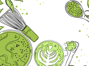 Illustration représentant un bol et une tasse de matcha, une cuillère remplie de poudre de thé matcha et d'un fouet