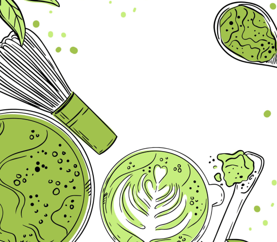 Illustration représentant un bol et une tasse de matcha, une cuillère remplie de poudre de thé matcha et d'un fouet