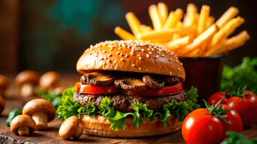 Burger avec frites, tomates et champignons