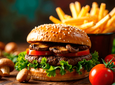 Burger avec frites, tomates et champignons