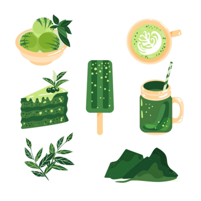Illustration comprenant un thé matcha, une glace au matcha, un gateau au matcha, des feuilles de matcha.