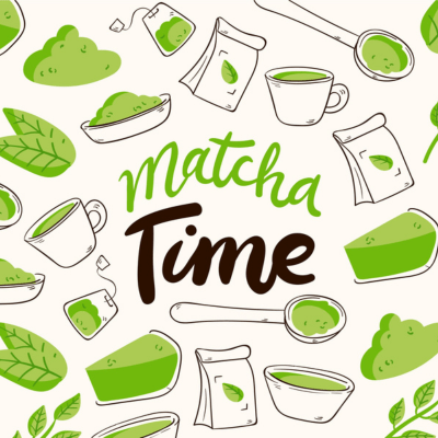 Diverses illustration représentant du matcha : poudre, plante, gâteau, sachet de thé etc.