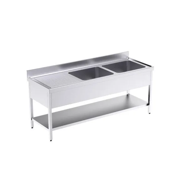 Plonge 2 Bacs avec Etagère et Egouttoir à Gauche - L 2000 x P 700 mm