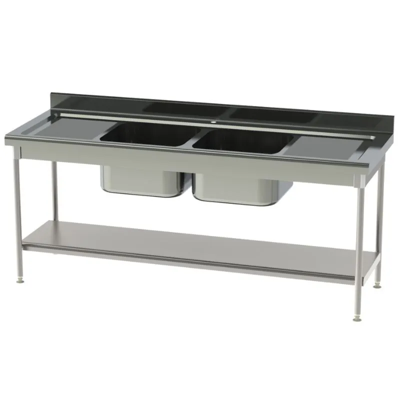 Plonge Standard 2 Bacs et 2 Egouttoirs avec Etagère Pleine - P 700 - L 2100 mm