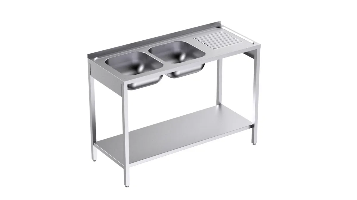 Plonge 2 Bacs avec Etagère et Egouttoir à Droite - L 1350 x P 500 mm