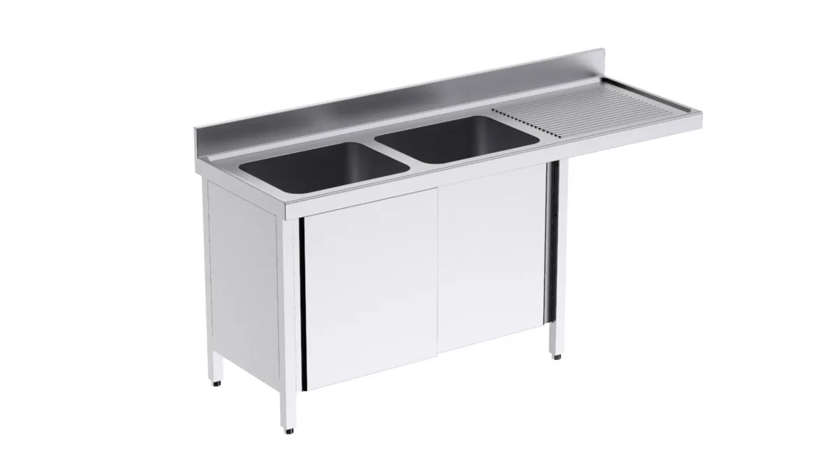 Plonge 2 Bacs avec Portes Coulissantes et Passage pour Lave-Vaisselle à Droite - L 1800 x P 600 mm