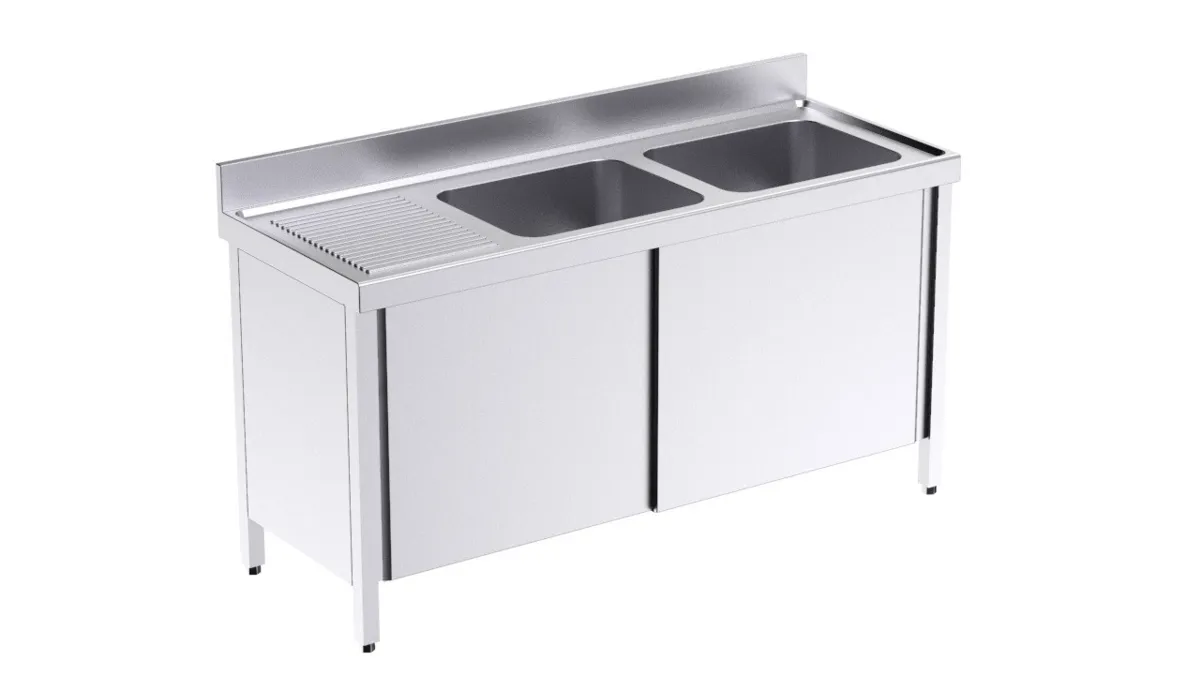 Plonge 2 Bacs avec Portes Coulissantes et Egouttoir à Gauche - L 1800 x P 600 mm