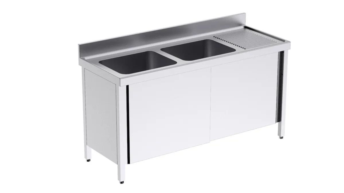Plonge 2 Bacs avec Portes Coulissantes et Egouttoir à Droite - L 1800 x P 700 mm