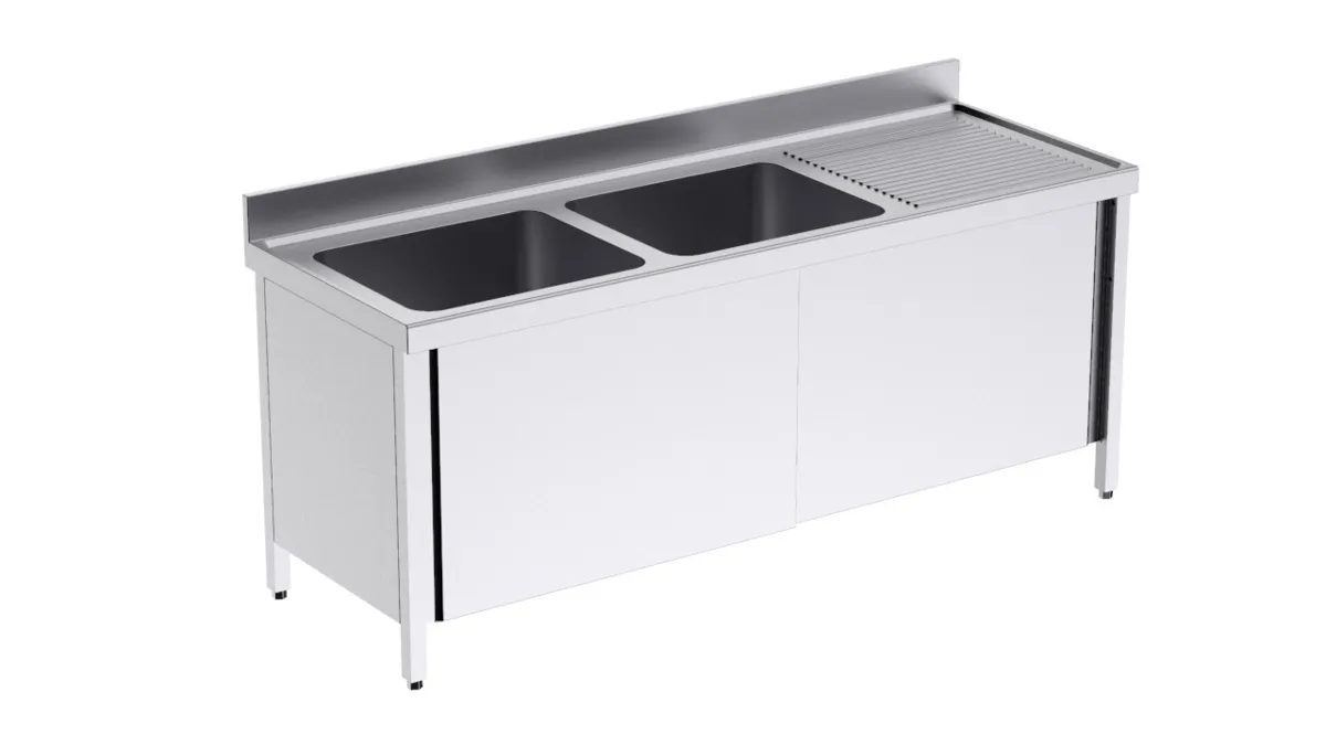Plonge 2 Bacs avec Portes Coulissantes et Egouttoir à Droite - L 2000 x P 700 mm