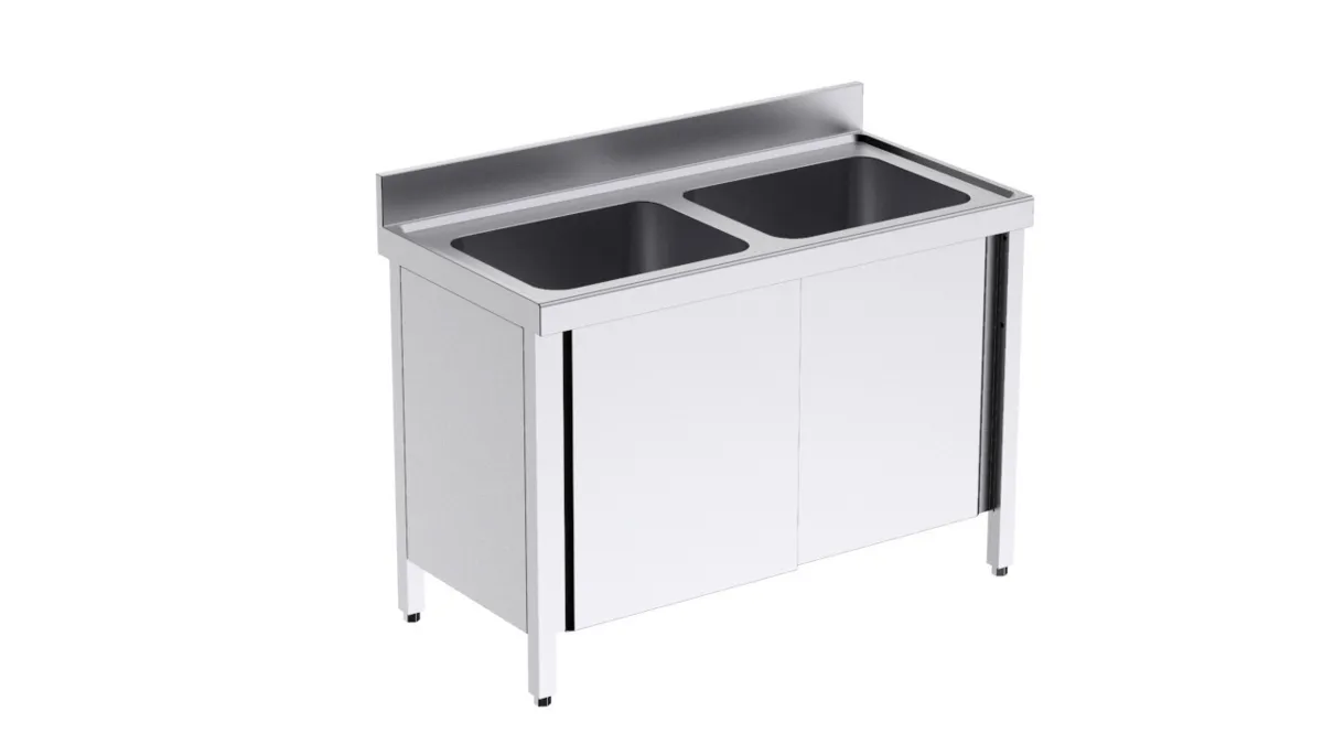 Plonge 2 Bacs avec Portes Coulissantes - L 1400 x P 700 mm