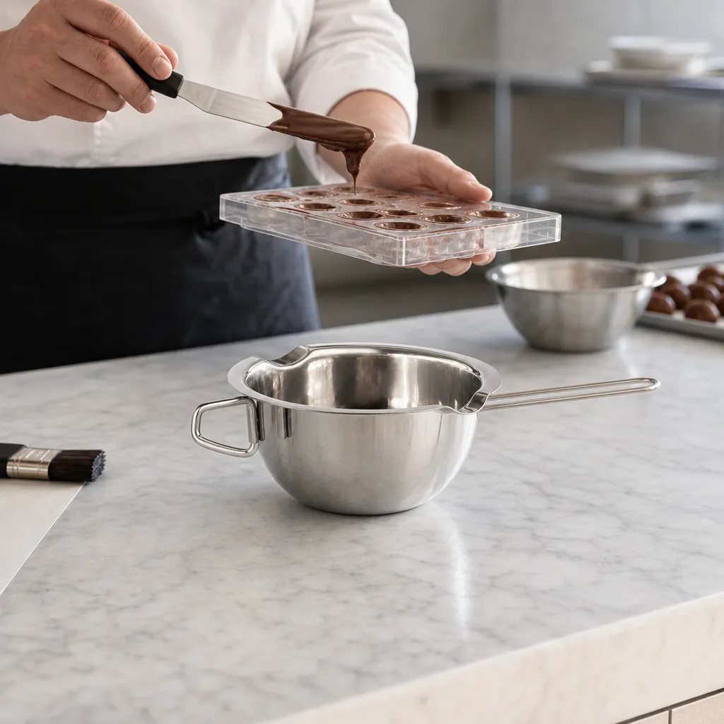 Casserole Bain-Marie 0,5 L Inox 18/10, Becs Verseurs, Crochet de Fixation, Fonte Chocolat et Beurre