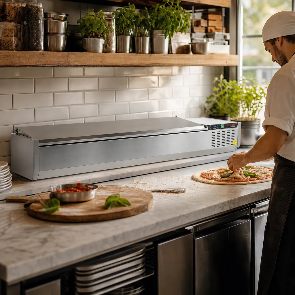 Saladette Réfrigérée à Poser 10 x GN1/4 Couvercle Inox 2000 mm, +2/+8 °C, Froid Statique