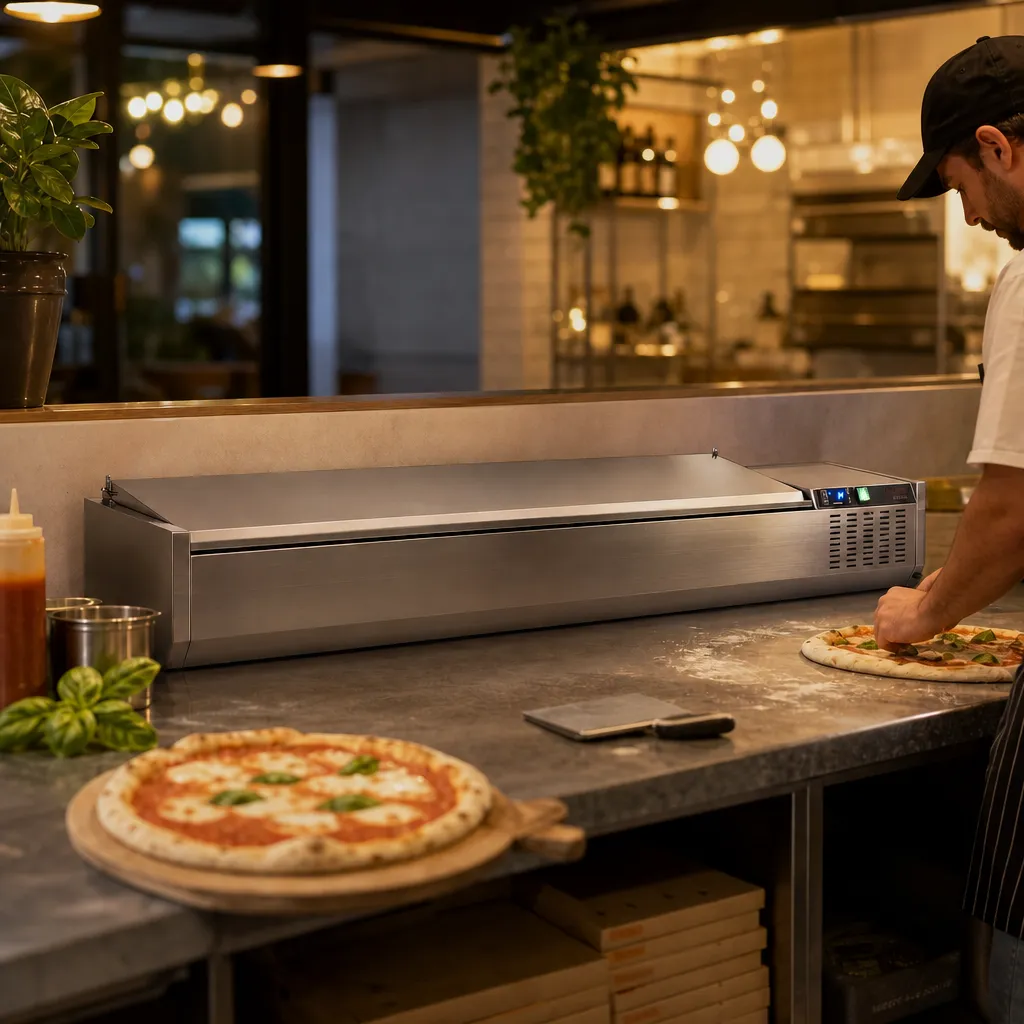 Saladette à Poser 9 x GN1/3 Couvercle Inox 2000 mm, +2/+8 °C, Froid Statique 122 W, Pizzeria Snack