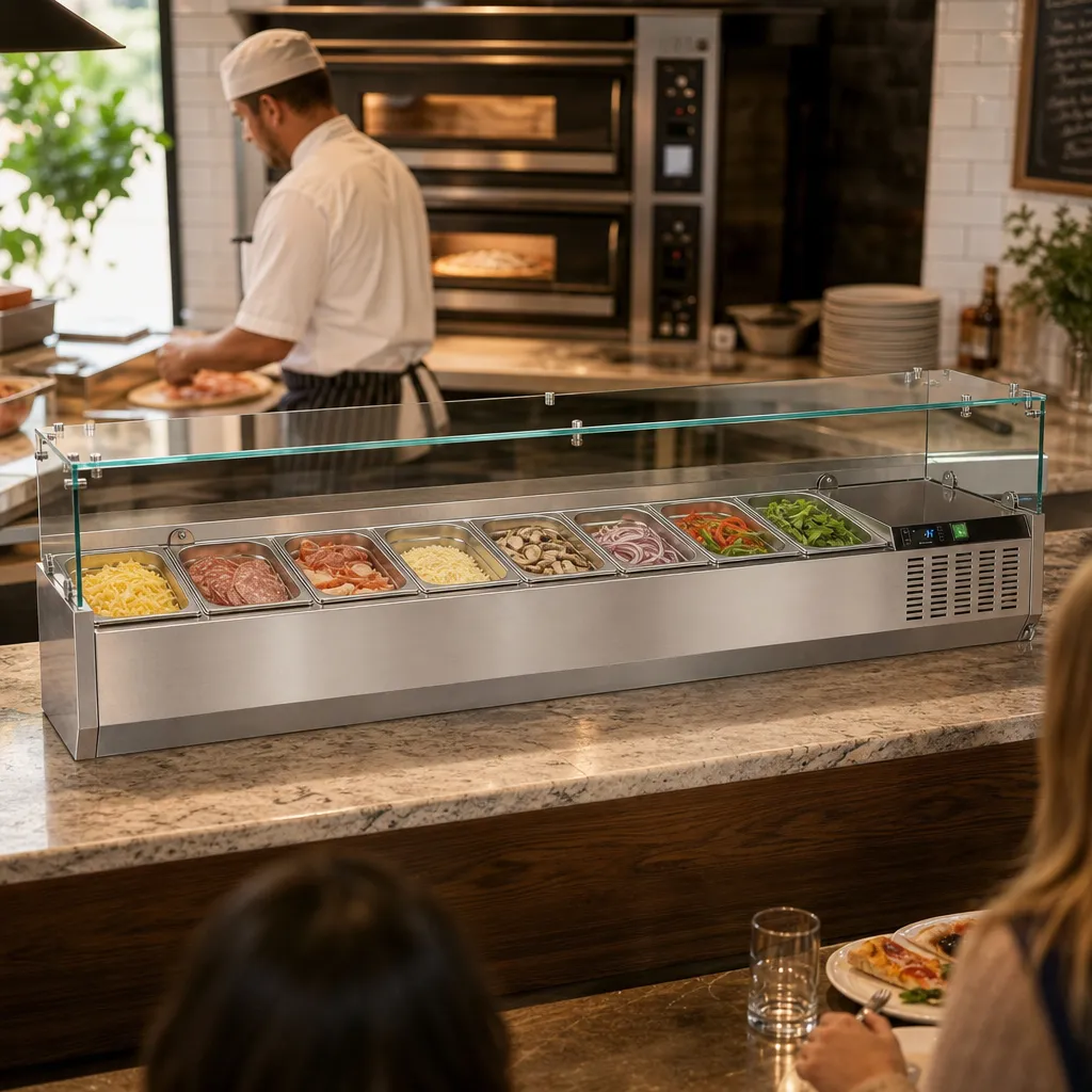 Saladette à Poser Réfrigérée 8 x GN1/3 1800 mm +2/+8 °C 122 W, Vitrine Verre, Pizzeria Sandwicherie