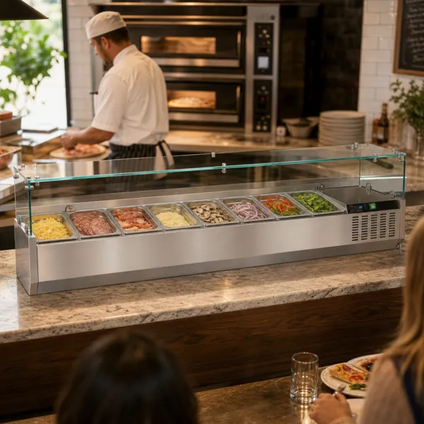 Saladette à Poser Réfrigérée 8 x GN1/3 1800 mm +2/+8 °C 122 W, Vitrine Verre, Pizzeria Sandwicherie