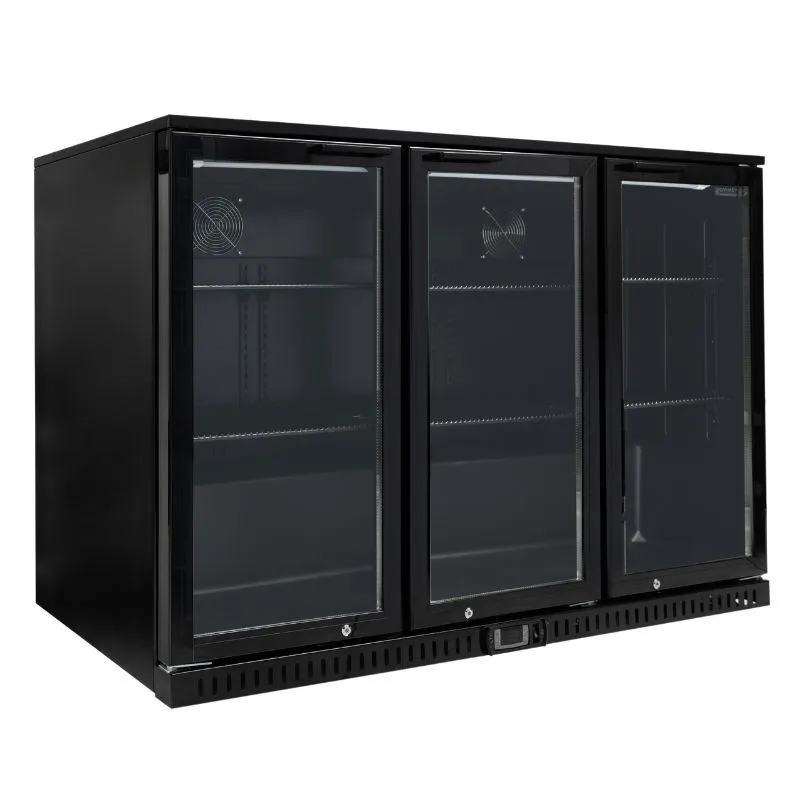 Arrière-Bar Réfrigéré 328 L 3 Portes Vitrées Battantes, +2/+8 °C, Skinplate Noir, R290, Froid Positif pour Bar & CHR