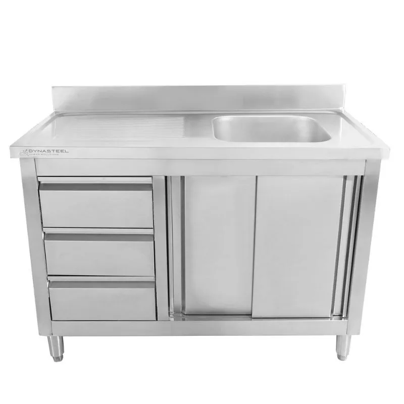 Meuble Plonge 1 Bac avec Dosseret et 3 Tiroirs - 1200 x 600 mm - Bac à Droite