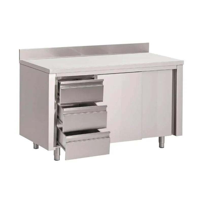 Table Armoire en Inox Avec Dosseret 3 Tiroirs À Gauche et Portes Coulissantes- L 1800 x P 700mm