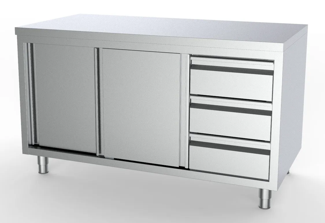Meuble Inox Bas GN 1/1 - 2 Portes et 3 Tiroirs à Droite - L 2000 x P 700 mm